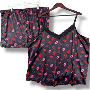 Torrid Dream Black Kiss Print Cami Shorts Satin Pajama Set Lace Trim